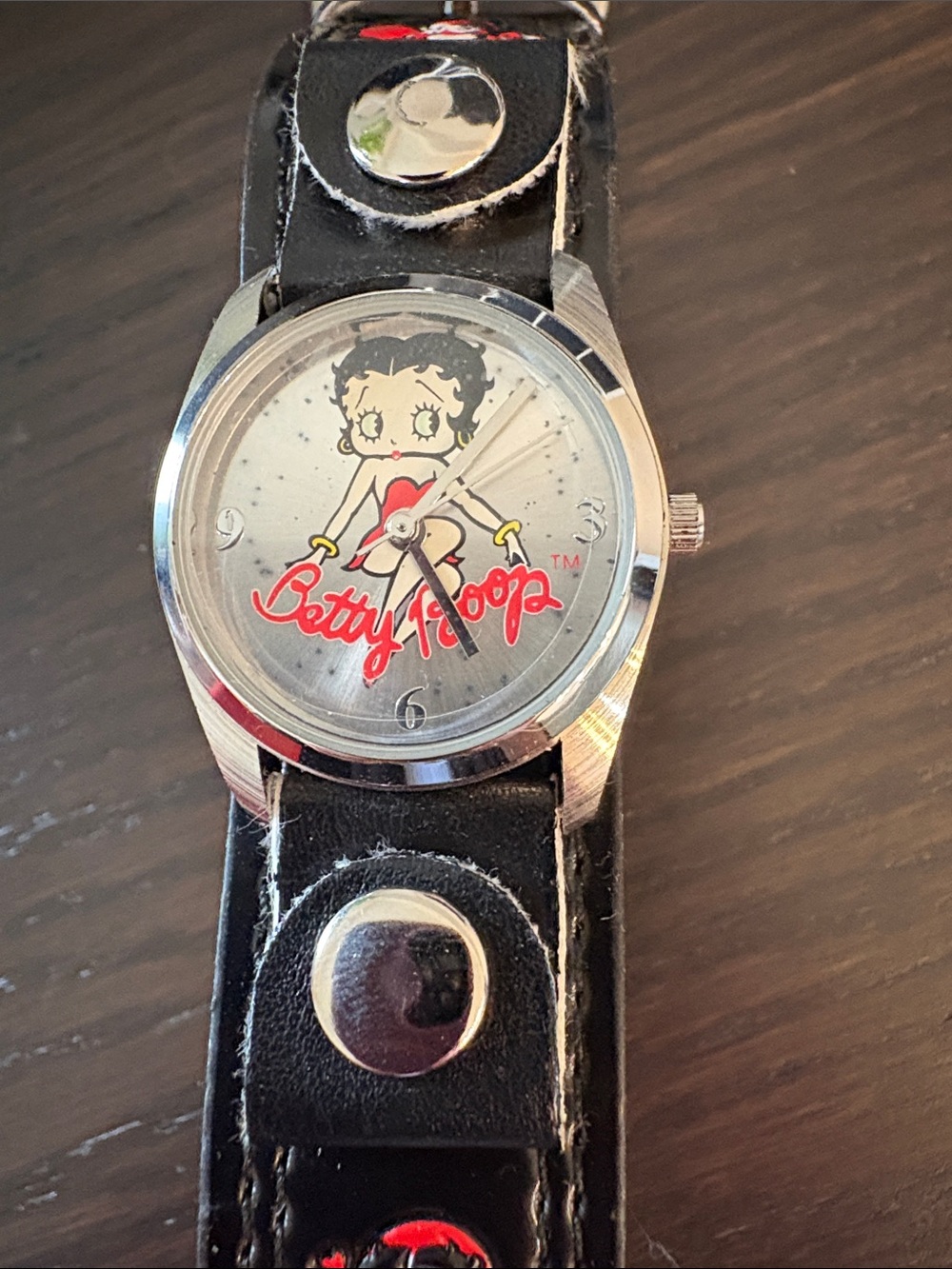 Betty Boop Silver Dial Watch with Black Leather Strap